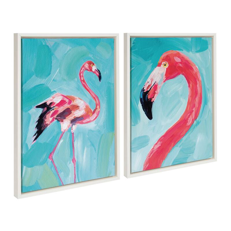 Kate and Laurel Sylvie Flamingo Framed Canvas by Rachel Christopoulos - 2 Piece Set 18x24 - White