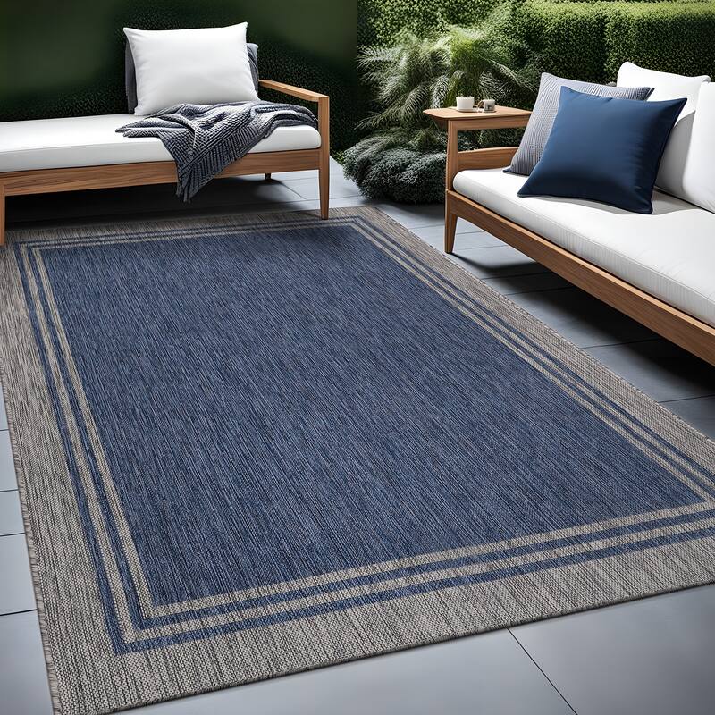 Washable Bordered Indoor Outdoor Rug for Patio, Deck, Porch