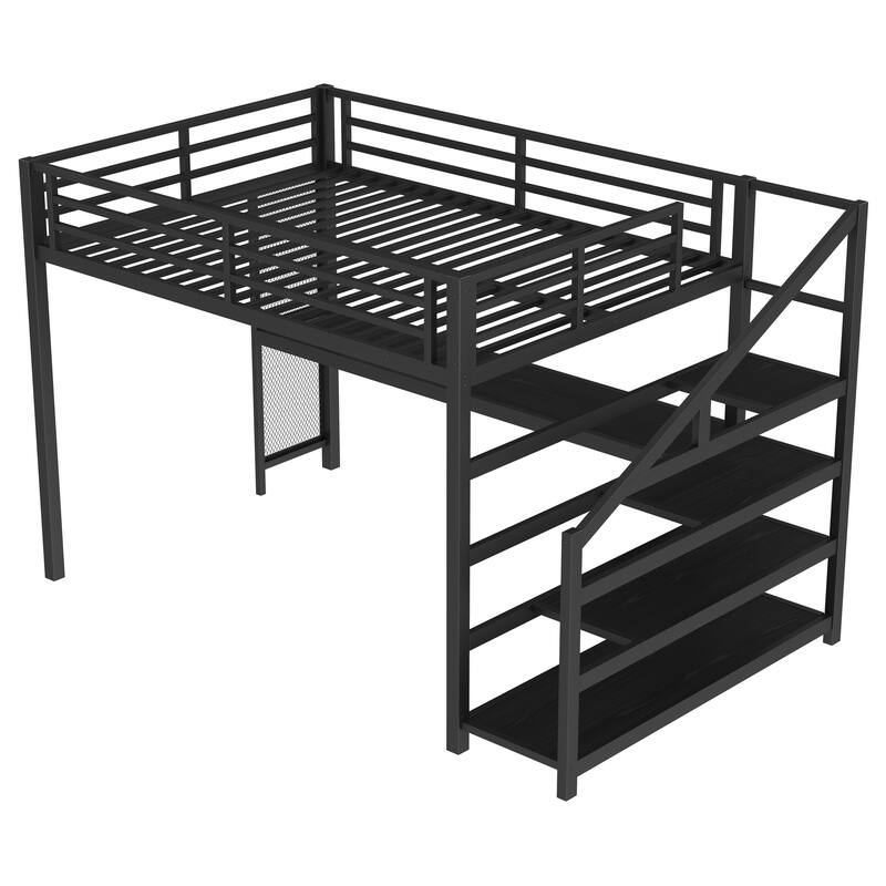 Queen Loft Bed with Desk and Storage Stairs, Metal Loft Beds with LED Lights, USB Ports, Multifunctional Iron Nets,Black