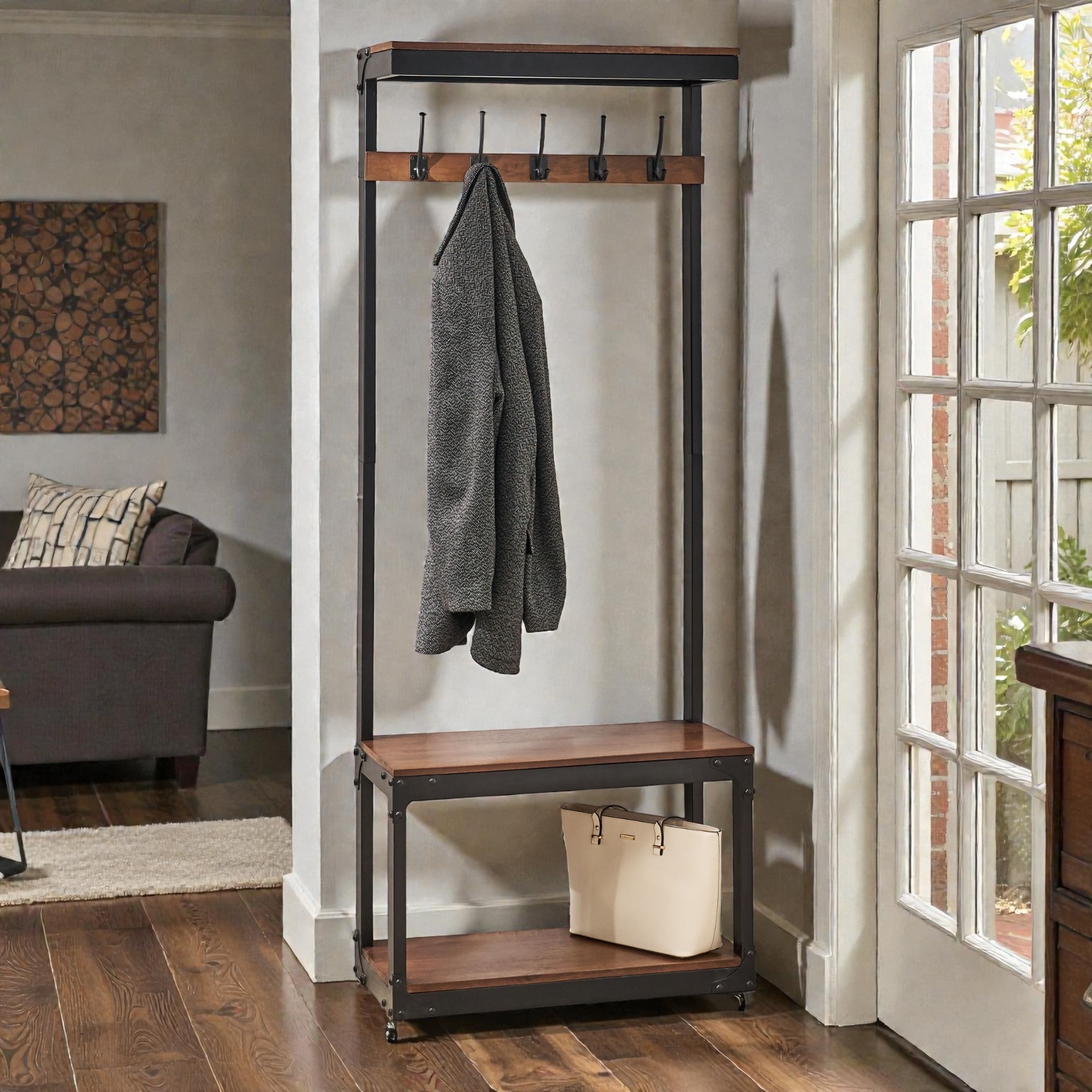 Industrial Hall Tree with Bench, 5 Double Hooks, Shoe Storage, Mango Wood and Iron Frame for Entryway or Foyer