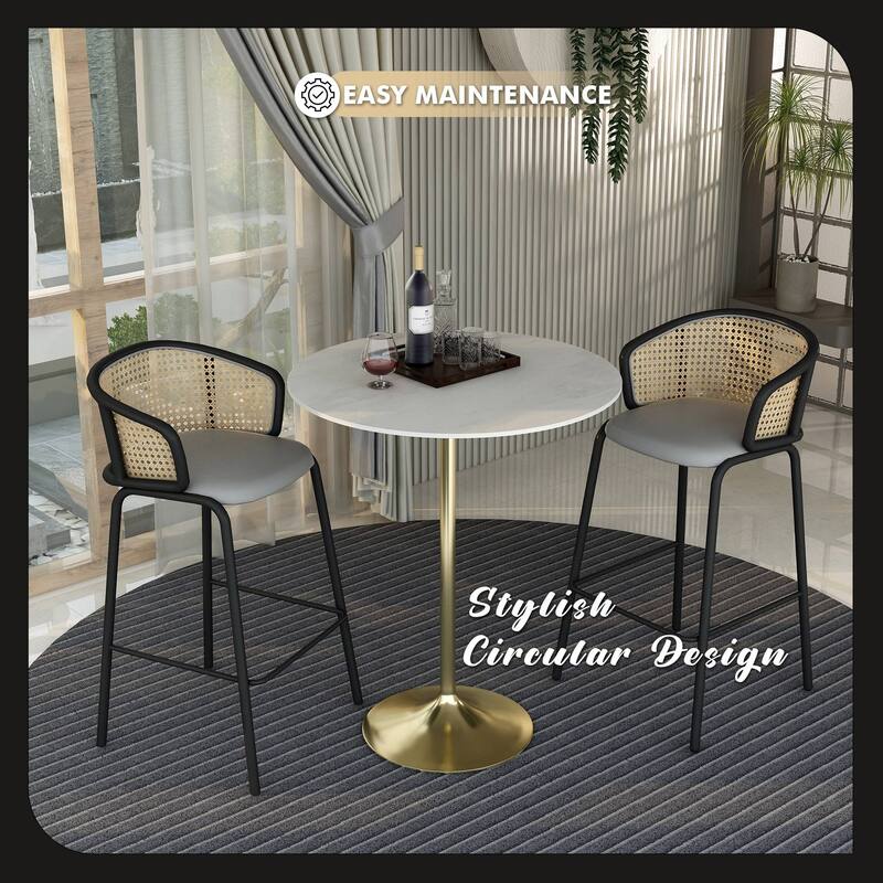 LeisureMod Verve 36" Bar Dining Table with Sintered Stone Round Top in Gold Steel, Gold Marbleized