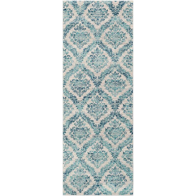 Riley Light Blue Damask Trellis Area Rug - 2' 7" x 7' 3"