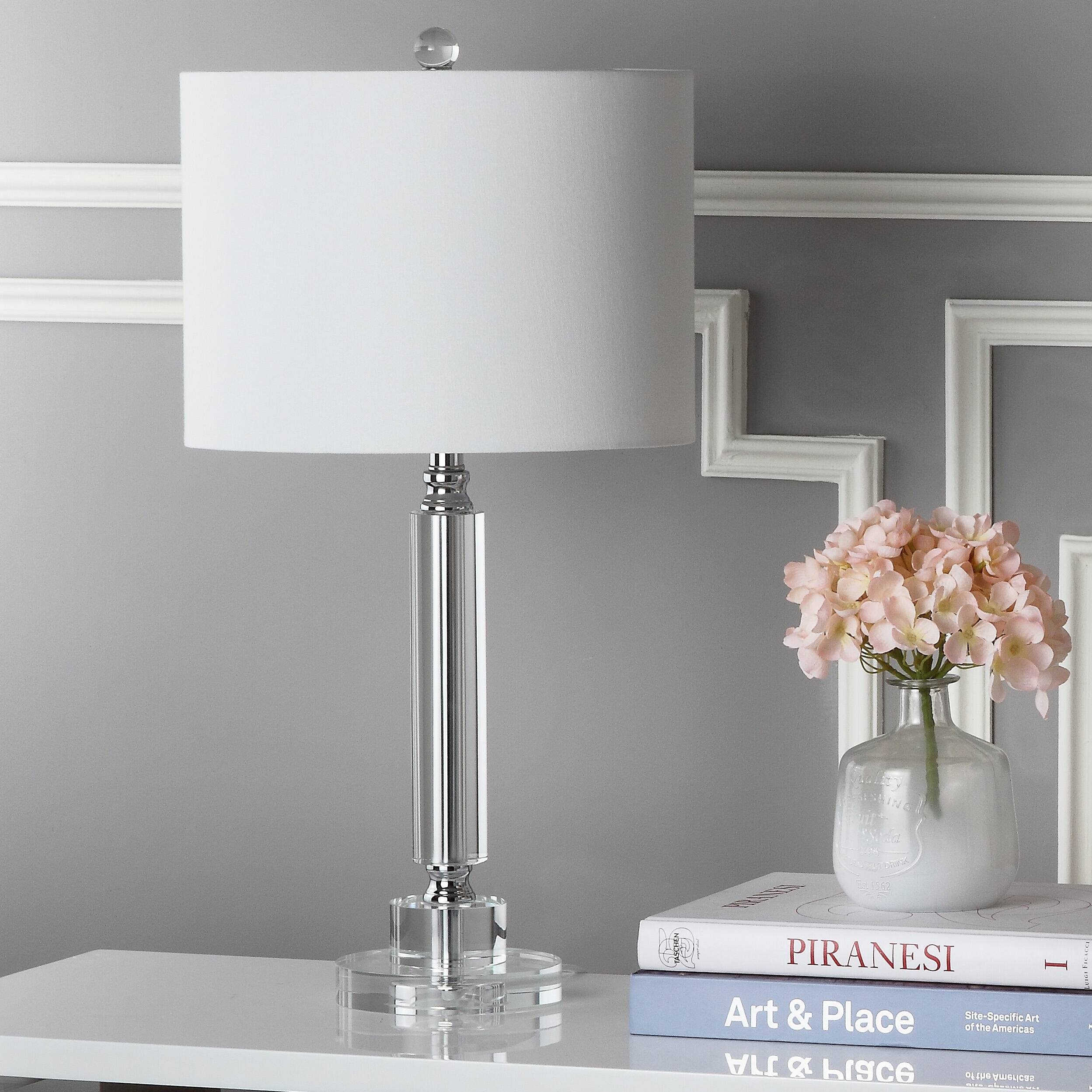 SAFAVIEH Lighting 25inch Deco White Shade Column Crystal Table Lamp