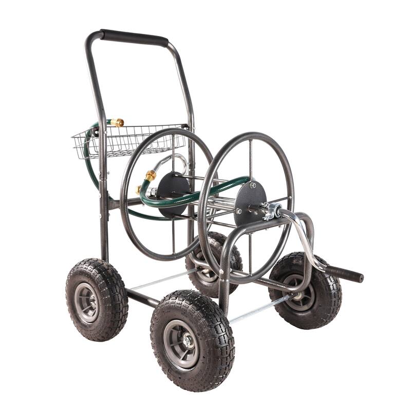 Hose Reel Cart with 4 Wheels, Foam-Padded Handle, Storage Basket, and Weather-Resistant Coating - ABS+Rubber+Steel (Q235)