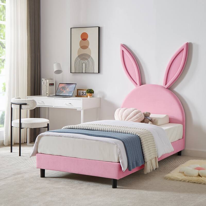 VECELO Wooden Cute Rabbit Twin Bed Frame with Upholstered Headboard, Kids Bed Frame Set of 2