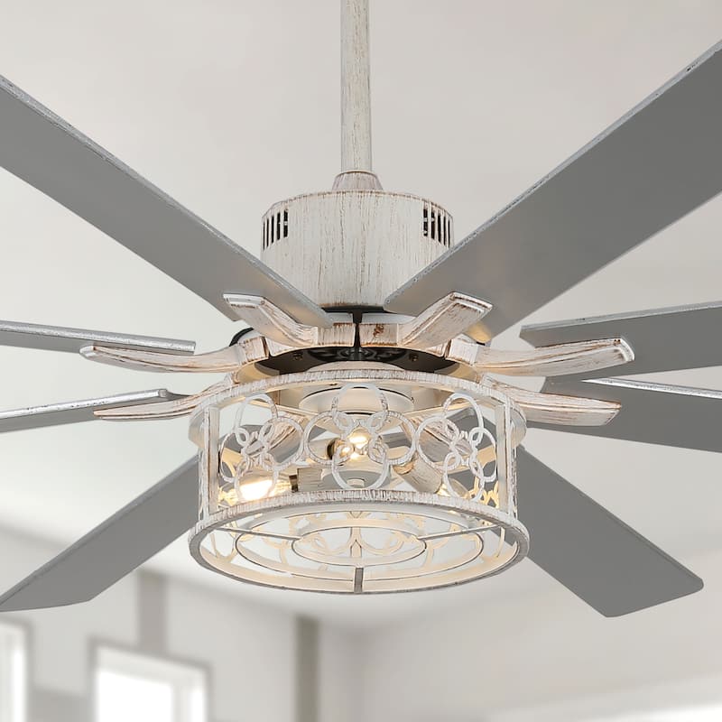 Bella Depot 72" Rustic Large Ceiling Fan with Light and Remote 6-speed 3-Light Farmhouse Metal Caged Black Ceiling Fan - DistressedWhite