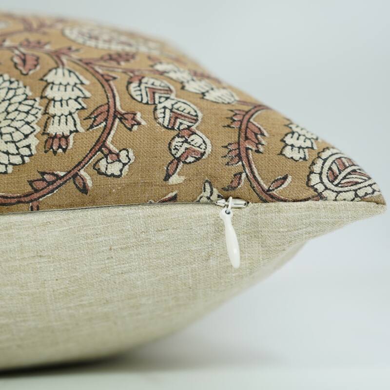 Fabdivine Brown Soft Linen Floral Block Print Pillow Cover for Fall Home Décor Sofa Couch or Farmhouse 22x22 Inch, Shilong