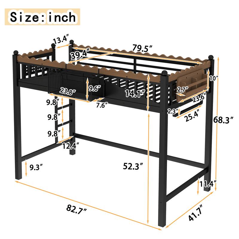 Modern Metal Loft Bed with Shelves & Bookshelf, Ladder Entry, No Box Spring Needed, Multi-Size