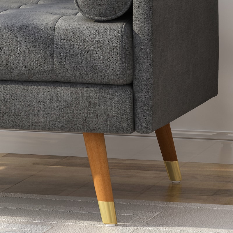Modern 38.25" Upholstered Button Tufted Club Chair with Bolster Pillows and Rubber Wood Legs