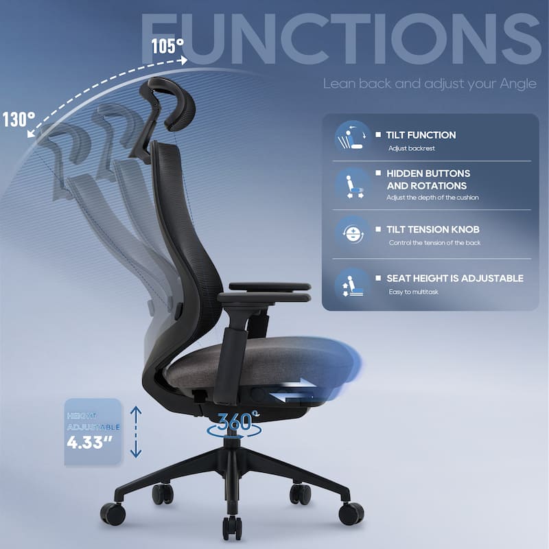 Ergonomic Office Chair, Mesh High Back, 4D Arms, Lumbar Support, Tilt Lock, Black