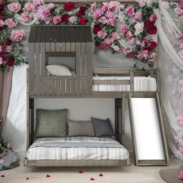 slide 2 of 16, Twin Over Full Bunk Bed Loft Bed With Ladder,Slide and Guardrails Antique Grey