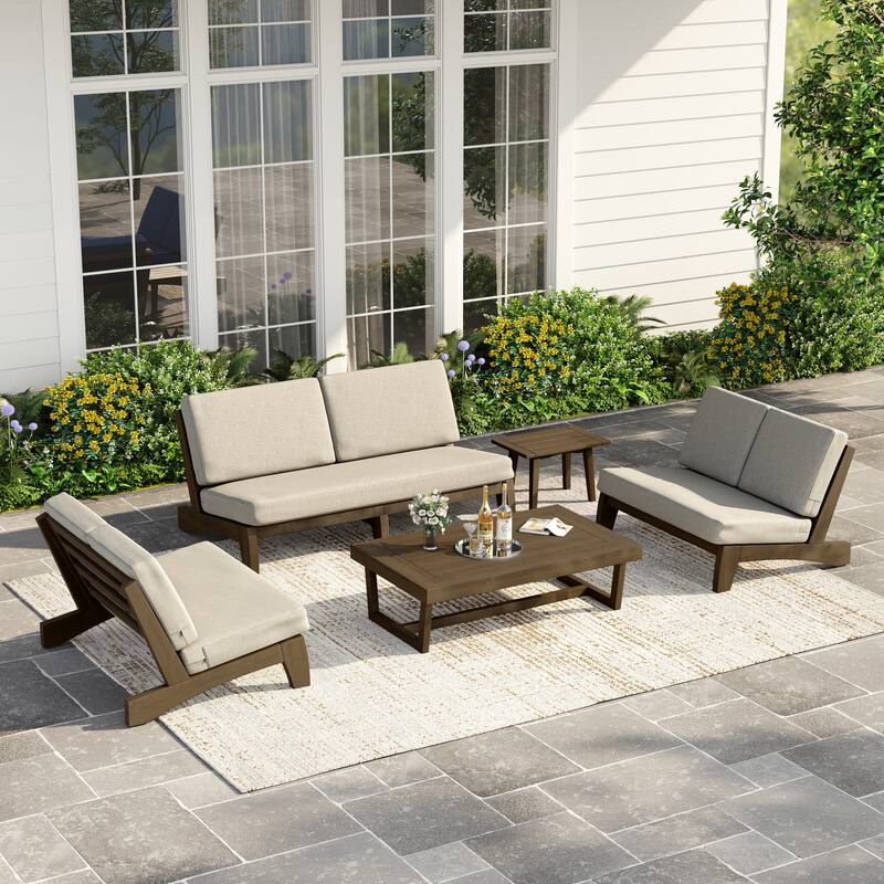 Casual Teak Outdoor Patio Conversation Set with Cushioned Sofa Loveaseat