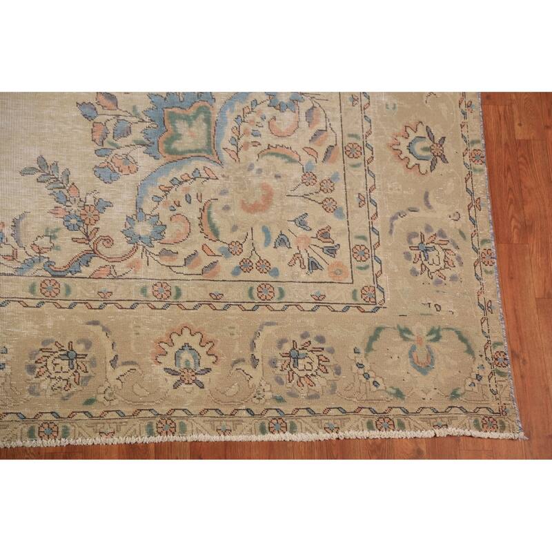 Floral Tabriz Persian Area Rug Beige Bedroom Handmade Wool Carpet - 9'6"x 12'9"
