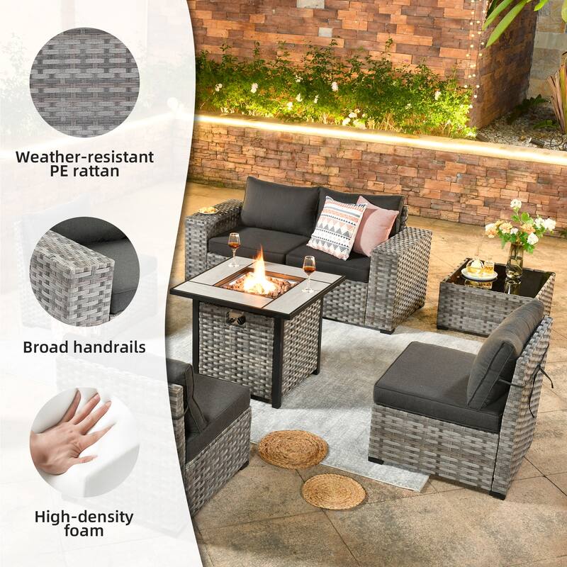 OVIOS Patio Wicker Furniture Wide Arm 7-piece Fire Pit Set with Table