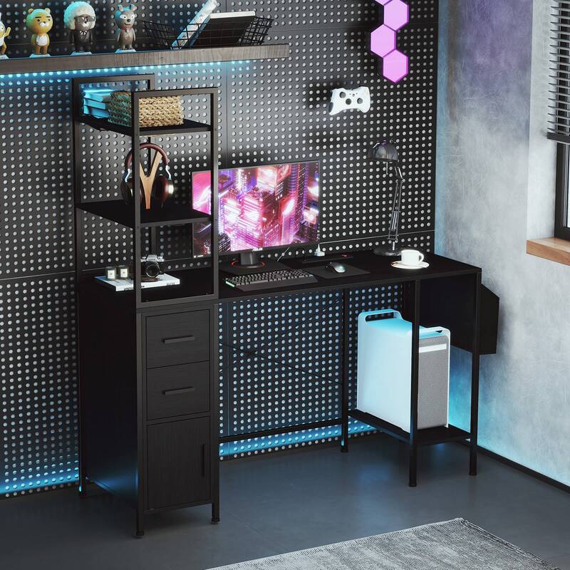 Costway Office Desk with LED Lights & Power Outlets Open Shelves 2