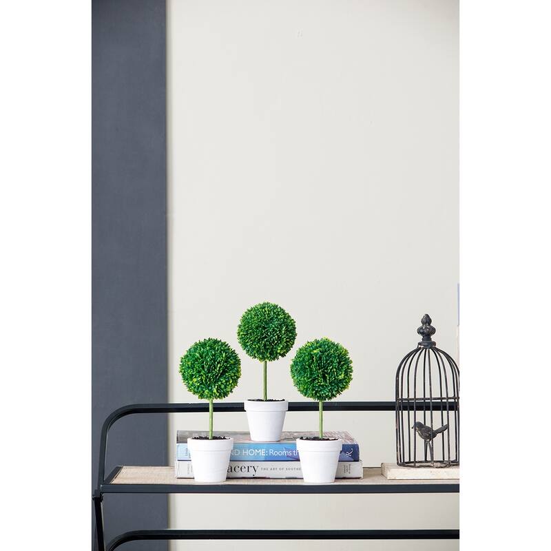 Set of 3 Mini Faux Topiary in Cream Pot 9.5 Inch Artificial Plant Decor - Green