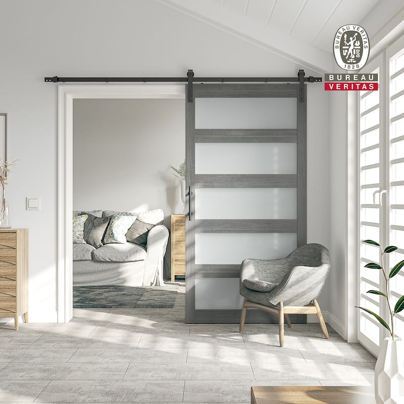 Sanding 30in./36in./42in.x 84in. 5 Frosted Glass White/Grey PVC Surface MDF Sliding Barn Door With Hardware Kit