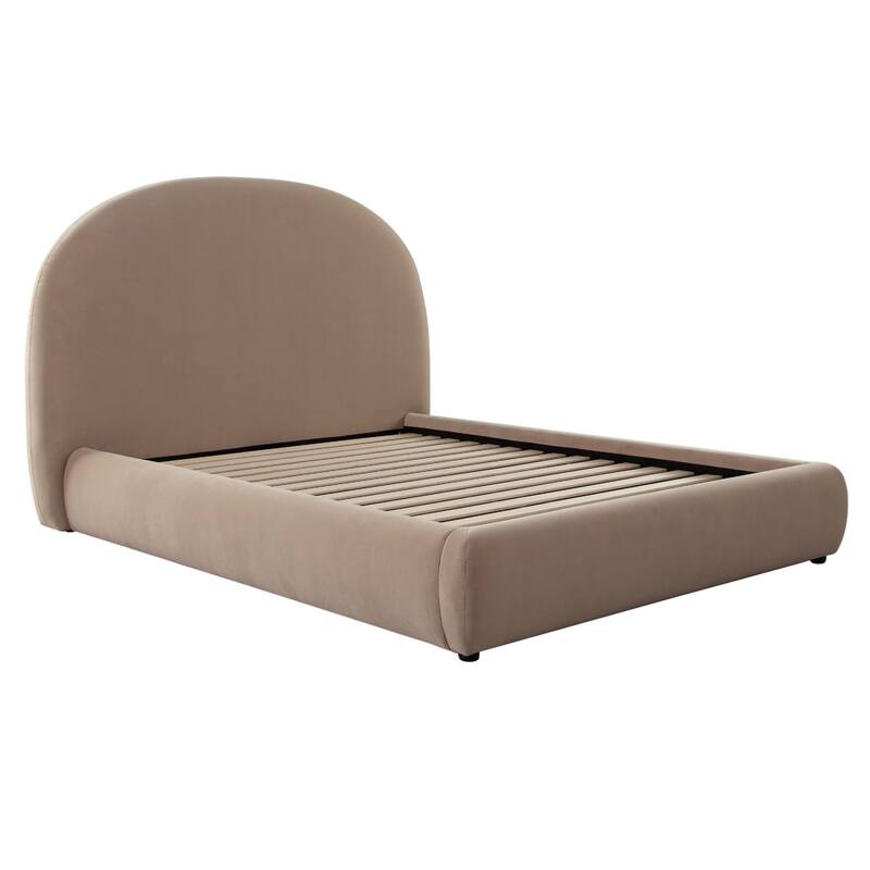 Feny King Size Bed w Arch Headboard, Camel Brown Velvet Upholstery