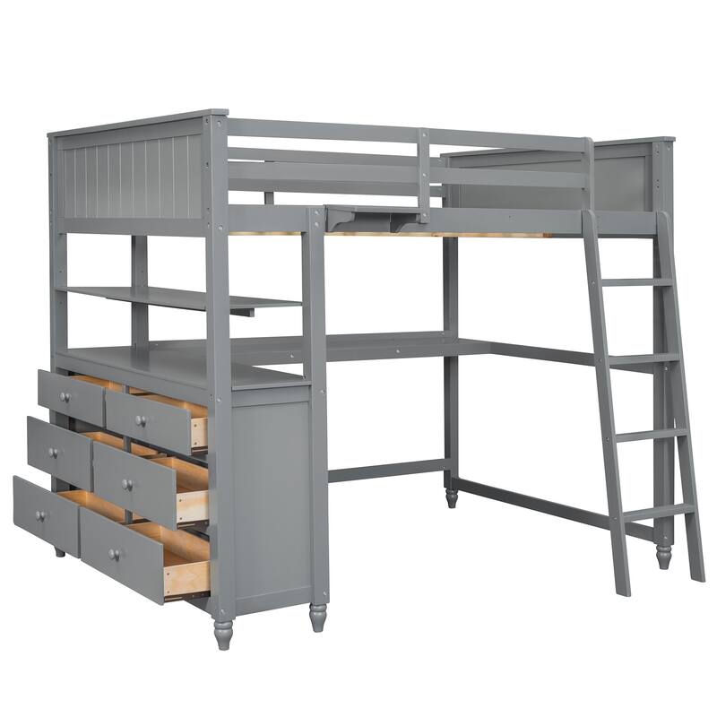 Full Size Loft Bed with Drawers and Writing Desk, Wooden Storage Bed with Shelves, Safety Guardrails and Ladder
