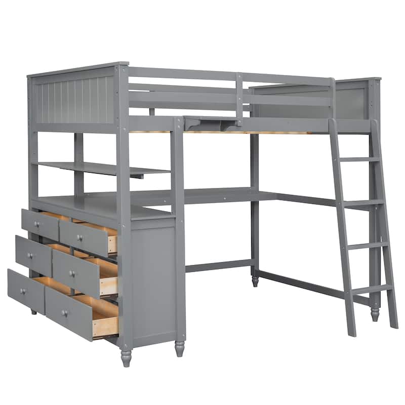 Space-Saving Full Loft Bed with Desk, Drawers, and Shelves in Gray