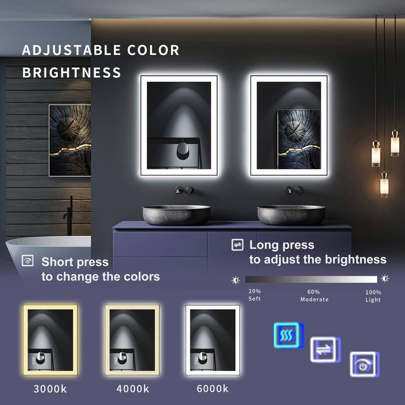 TOOLKISS Black Frame Anti-Fog Dimmable LED Light Vanity Bathroom Mirror with Backlit and Front Light - 32 inch.W x 24 inch.H - Right Angle Frame