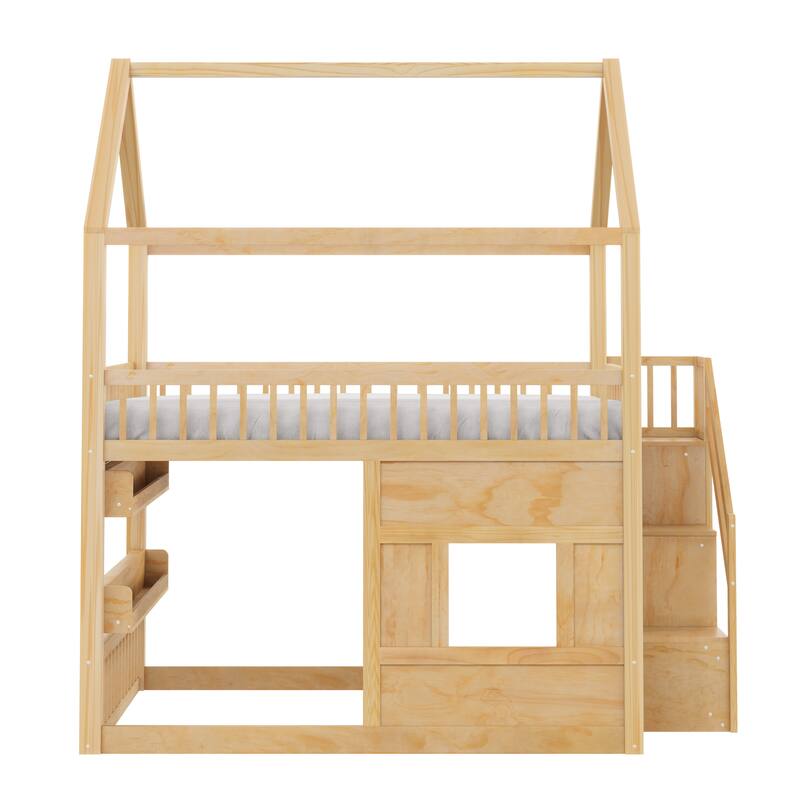 Full Size Wooden House Bed with Built-in LED Shelf Light, Fairytale Loft House-shaped Bed Frame for Children Kids Boys Girls