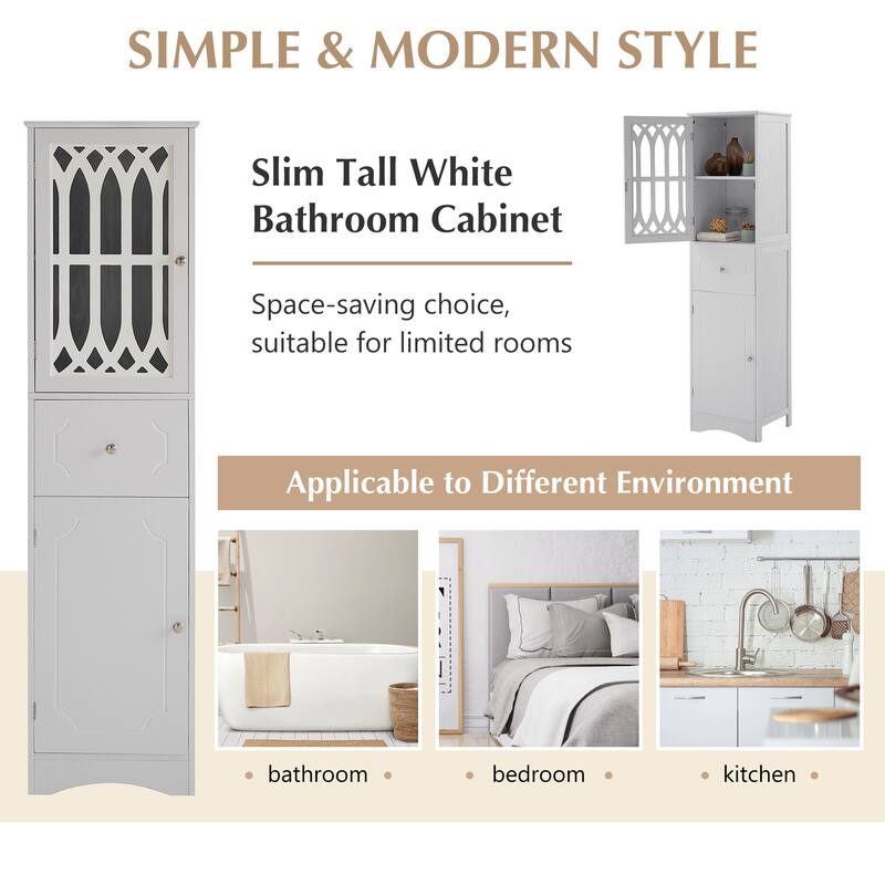 Tall Bathroom Cabinet, Freestanding Storage Cabinet, Wood Narrow Organizer with Adjustable Shelves, 1 Drawer & 2 Doors