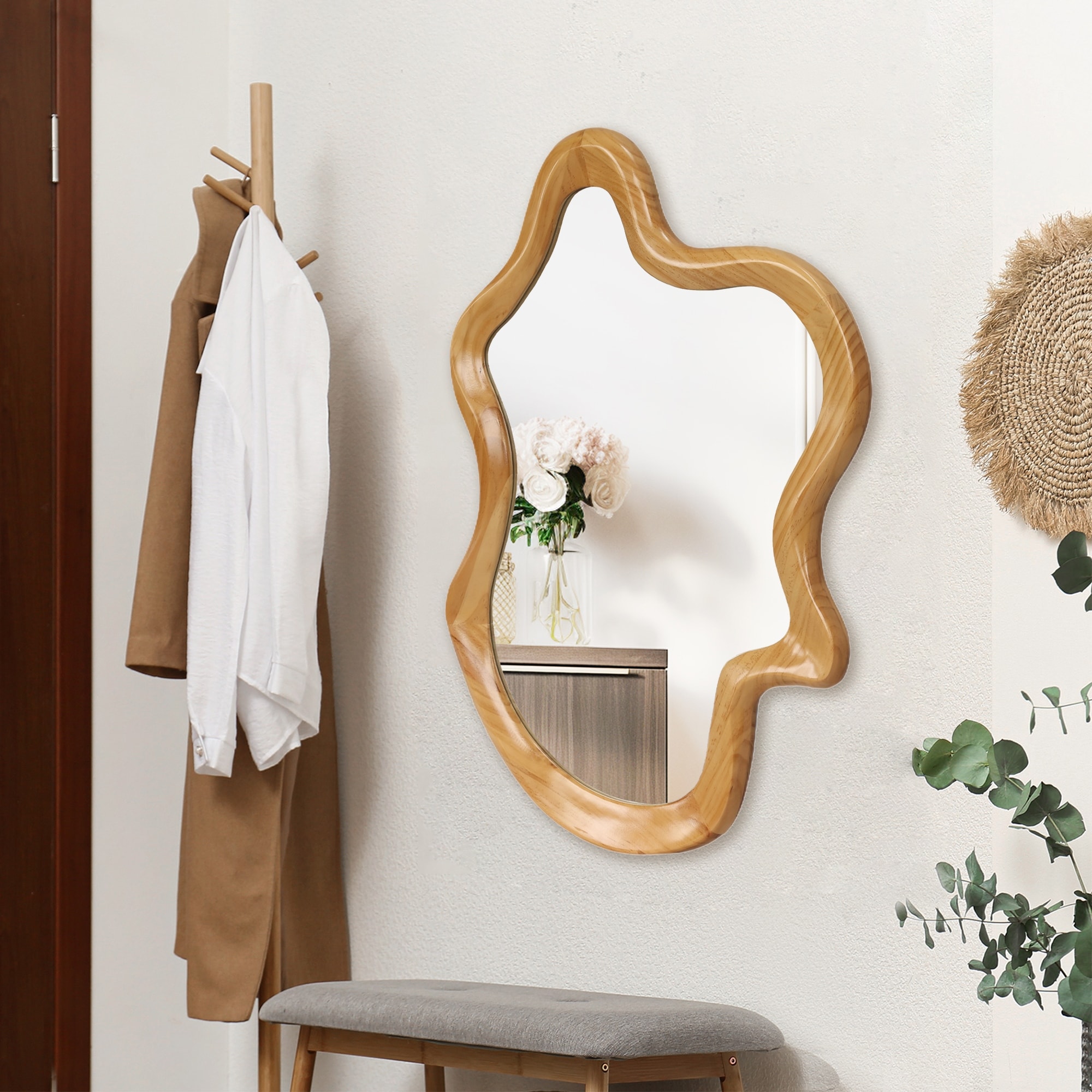 Irregular Natural Wood Frame Wall Mirror - Decorative Accent for Home - Natural Wood