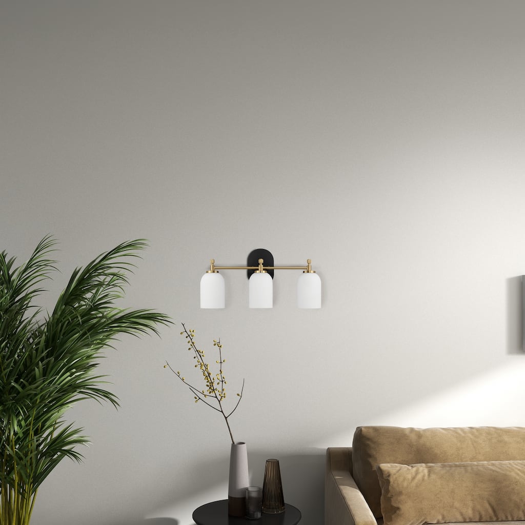 Flac Three-Light Vanity Wall Fixture in Brushed Gold with Frosted Glass Shades