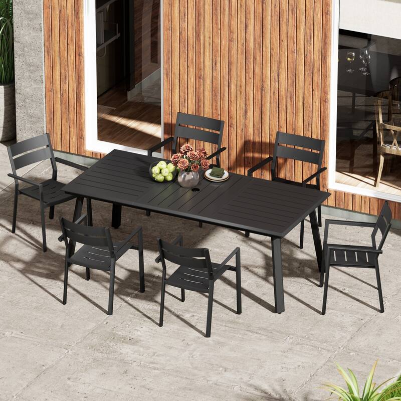7/9/11 Piece Patio Dining Set Outdoor All-Weather Aluminum Dining Table with Umbrella Hole and Stackable Chairs - Set of 7 - with armchair
