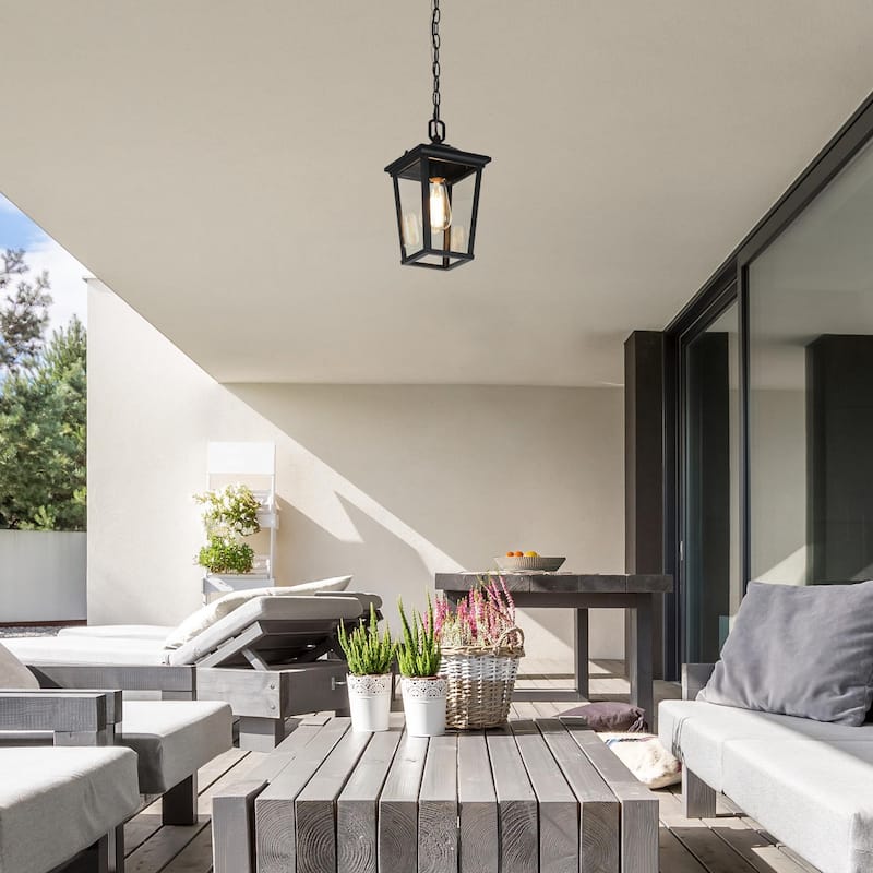 Modern Farmhouse Black 1-Light Outdoor Pendant Light Patio Lantern - L 6.7" x W 6.7" x H 12.6"
