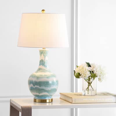 Cora 30.5" Striped Ceramic/Metal LED Table Lamp, Green/White by JONATHAN Y