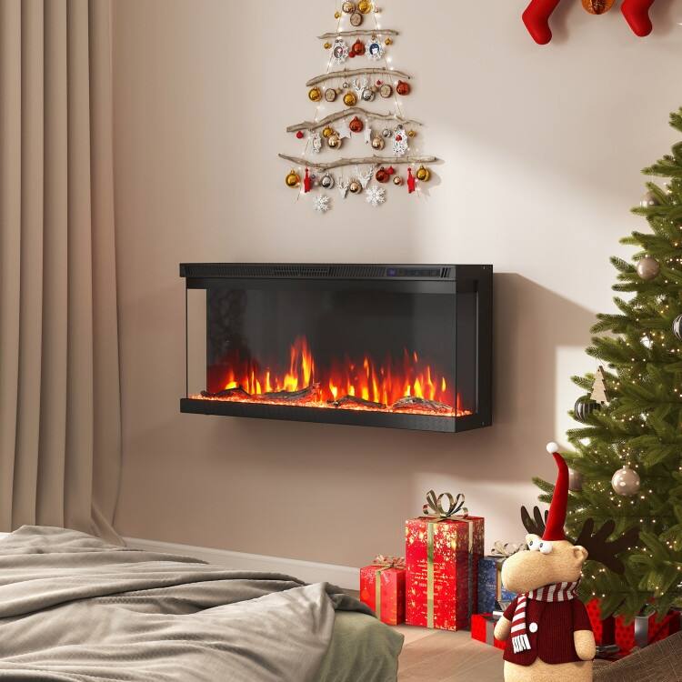 Black 3-Sided Electric Fireplace with Remote and Panoramic Tempered Glass Flames 5000 BTU Heater