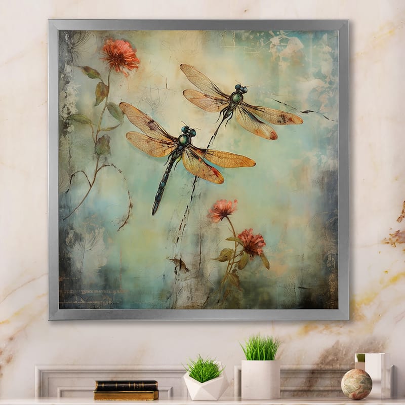 Designart "Vintage Painting Of Dragonfly Flying" Animals Dragonfly Framed Canvas Prints - 24 in. wide x 24 in. high - Silver