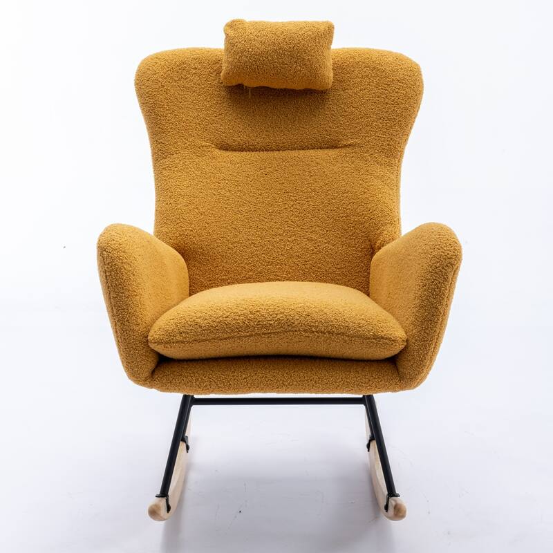 Teddy Fabric Wingback Rocking Chair for Nursery with Safe Solid Wood Base