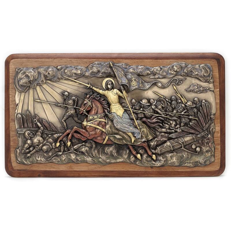 Veronese Design 18.11" L JOAN OF ARC LEADING TROOPS INTO BATTLE (WOODEN WALL PLAQUE) Cold Cast Bronze and Wood