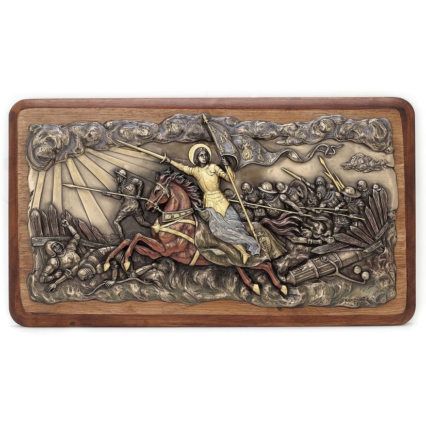 Veronese Design 18.11" L JOAN OF ARC LEADING TROOPS INTO BATTLE (WOODEN WALL PLAQUE) Cold Cast Bronze and Wood