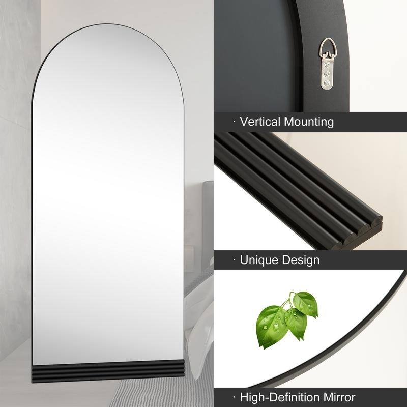 Full-Length Arched Wood Frame Wall Mirror with Striped Wooden Base in Black - 71"x31"
