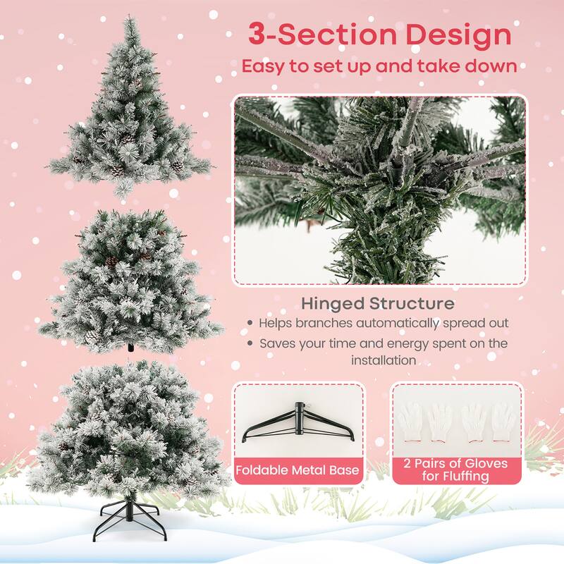Gymax 7 FT Pre-Lit Snow-Flocked Christmas Tree Artificial Hinged Xmas