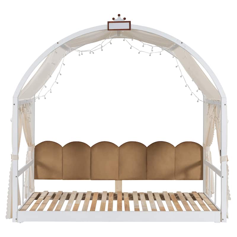 Wood Twin Size Bed Frame with Arched Roof, Floor Bed with Light and Curtain, Pull-out Kids Bed for Girls Boys Bedroom