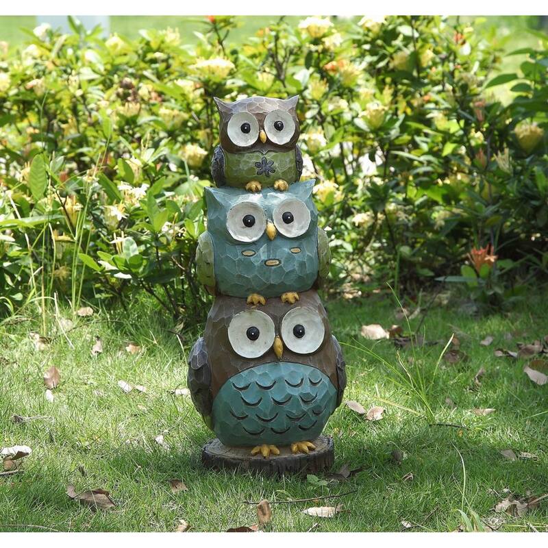 17.75" Green Blue Three Stack of Wide-Eyed Owls Outdoor Garden Statue