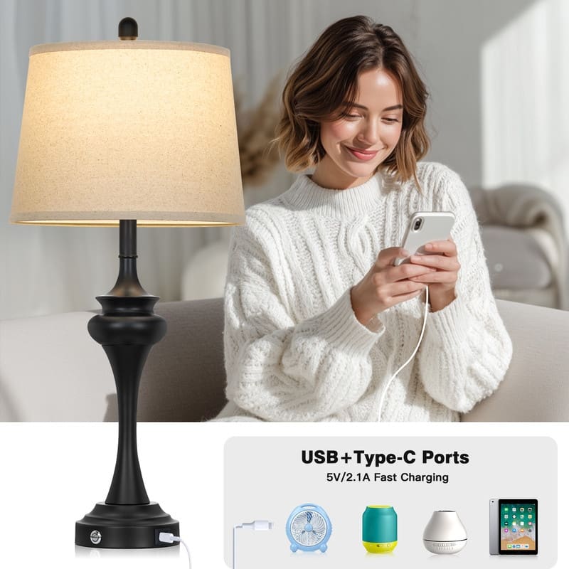 30'' Modern Table Lamps with USB & Type-C Ports, Oatmeal Fabric Shade & Metal Base (Set of 2)
