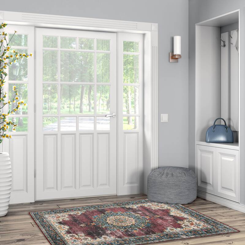 Bryant Machine Washable Ivory & Burgundy Area Rug