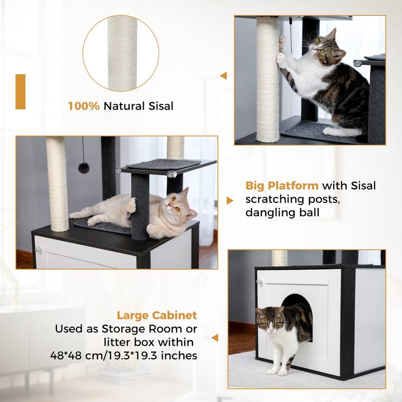 56.7" Cat Tree with Enclosure Large Litter Box, Cozy Cat Condo, Scratching Post and Repalcable Dangling Balls - Black