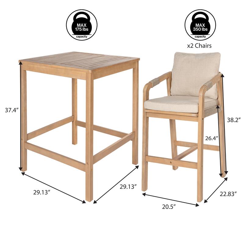 3-Piece Acacia Wood Outdoor Bar Set with Cushions, by JONATHAN Y