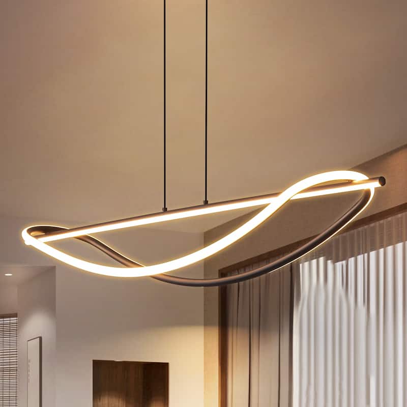 39" 2-Light Modern Black Aluminum Linear Wave-Shaped Geometric Integrated LED Pendant Light for Kitchen Island - 39.37 in. W x 6.89 in. D x 5.12 in. H - Black