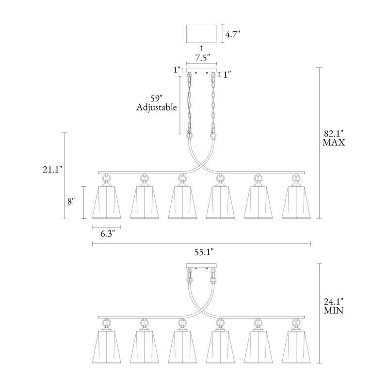 Modern Glam 6-Light Gold Chandeliers Large Linear Island Lights for Dining Room - W 55.1" * H 21.1"