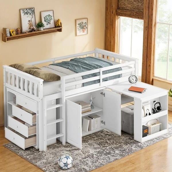 slide 2 of 13, Rubber Wood Loft Bed with Safety Guardrail, Ladder, Twin Size White