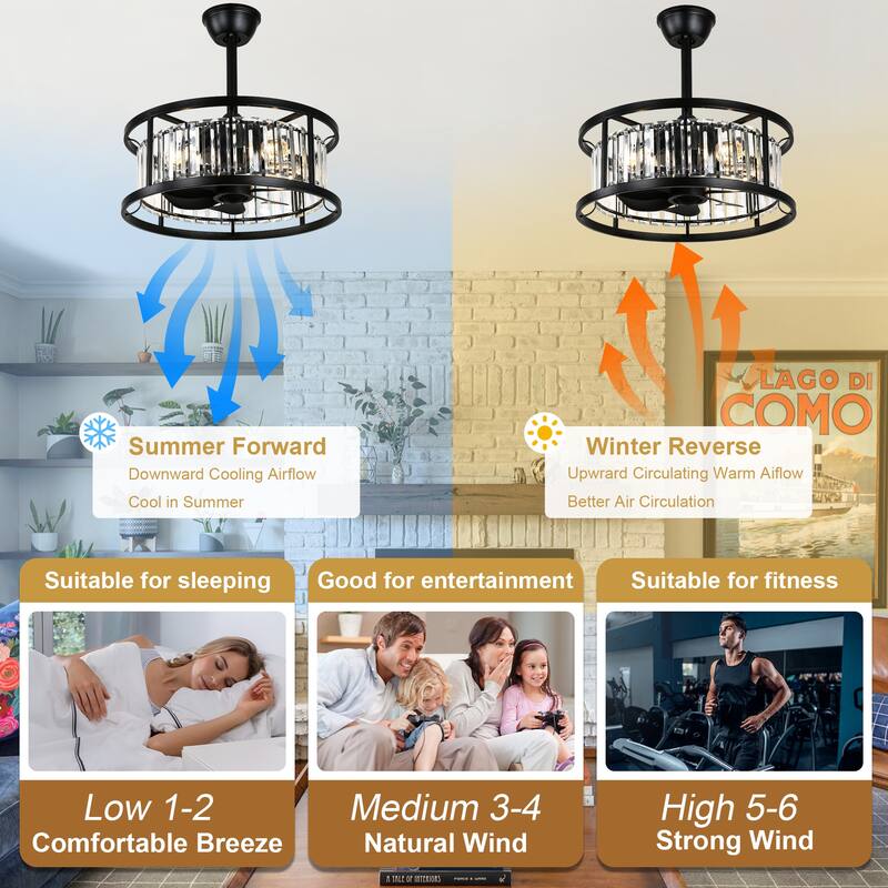 Cusp Barn 20" Black Crystal Caged Ceiling Fan with Light and Remote, Modern 8-Blade Fandelier, DC Motor Reversible Ceiling Fan