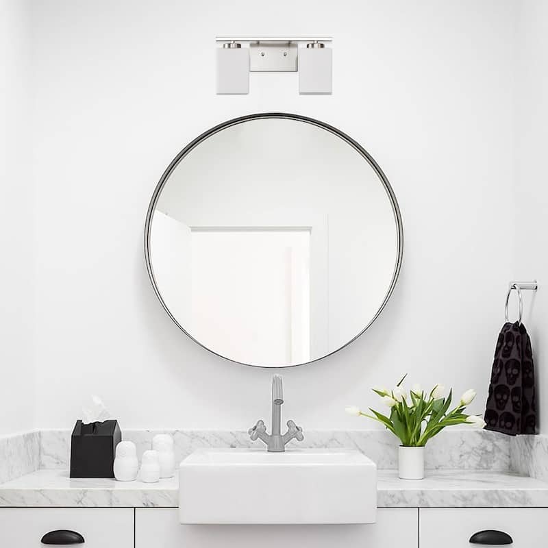 Brushed Nickel Indoor Bathroom Vanity Lights with Etched White Glass Square Rectangle Shades